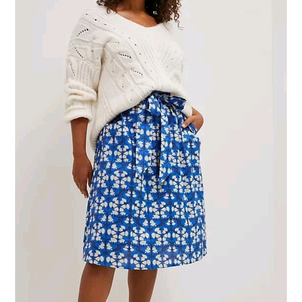 Porridge Paperbag Waist Midi Skirt Womens Medium Floral Blue Cotton Linen